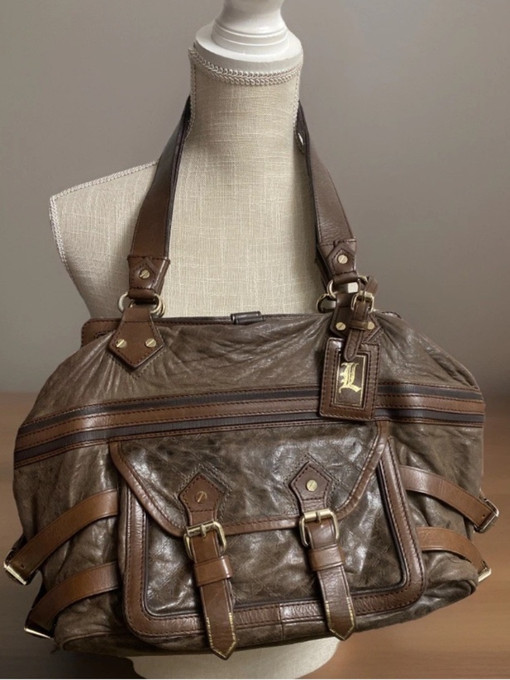 L.A.M.B. BY GWEN STEFANI BROWN LEATHER SATCHEL LUXURY DESIGNER HANDBAG VTG